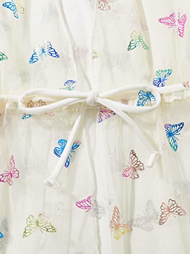 Makemechic Girl's Beach Swimsuit Cover Up Butterfly Print Short Sleeve Drawstring Waist Kimono Cover Up Beige 11-12Y #TOP3