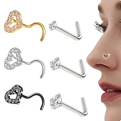 3 Heart-Shaped+3 Silver CZ Nose Studs