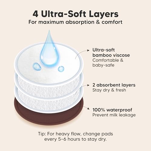 Image of Organic Nursing Pads - 14 Washable Breast Pads for Breastfeeding, Wash Bag, Viscose Derived from Bamboo Reusable Nipple Covers for Breastfeeding Essentials, Soft & Absorbent (Sable, L 5 inch)