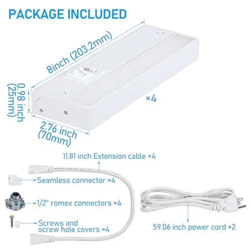 Image of TORCHSTAR 4-Pack 8 Inch 5CCT LED Under Cabinet Lighting Aluminum, White | Linkable, ETL T24, Hardwired & Plug-in, 6W 450LM, CRI90, 120V Dimmable, For Kitchen Counter, 2700K /3000K /3500K /4000K /5000K