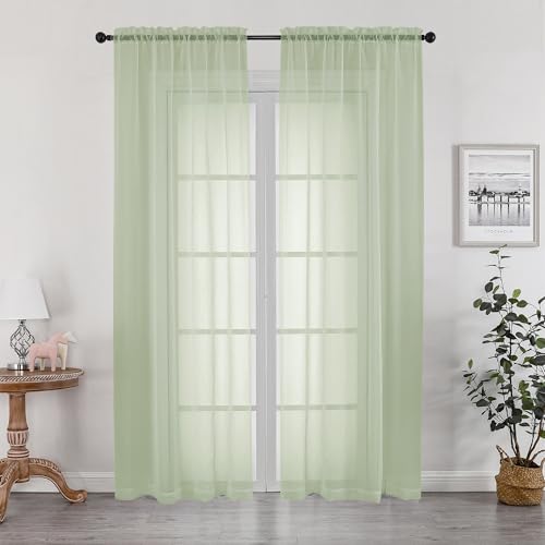 Image of OWENIE Sheer Curtains 78 inches Long 2 Panels Set for Bedroom Living Room, Soft Solid Living Room Rod Pocket Light Filtering Curtains, 2 Pcs Each 42 inch W x 78 inch L, Light Green