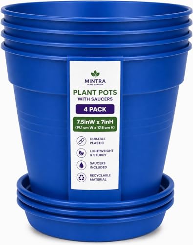 Mintra Garden Pots 4 Pack Bulk Plastic Plant Pots with Drainage Tray Round Indoor & Outdoor Decorative Planters with Drain Holes for Flowers Herbs & Plants 19cm Diameter Blue 7.5 in