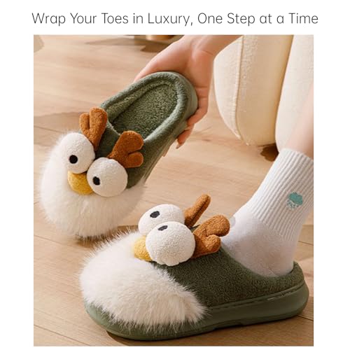 Fluffy Warm Cute Deer in Headlights Comfortable Closed Toe Slippers, Fuzzy Comfy for Autumn Fall Winter Spring Indoor Outdoor Use, Silly Funny Bearded Reindeer Caribou Elk Dragon Antler Animal Design2
