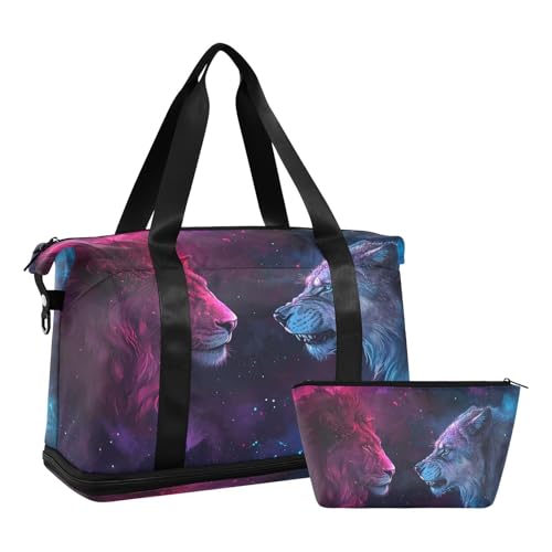 ALAZA Two Lion Galaxy Space Animal Travel Duffel Bag for Women Men Sports Gym Bag with Shoe Compartment Tote Weekender Overnight Bag with Wet Pocket for Travel, Gym,Yoga,Swimming