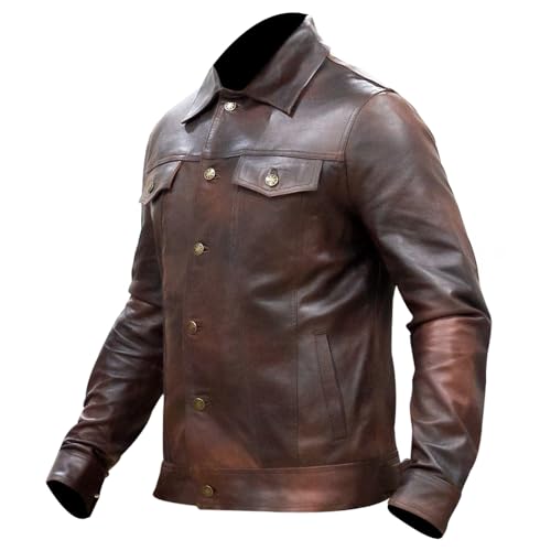 Image of Men's Genuine Leather Trucker Jacket Vintage Motorcycle Black Western Biker Slim Fit Trucker Jacket