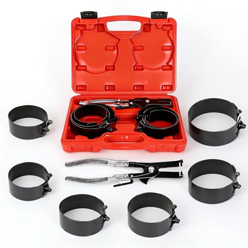 LUTIFIX Piston Ring Compressor Tool Thickened Adjustable 6 Piston Rings (2-7/8 - 4-5/8) and Pliers - Piston Ring Tool for Car Truck & Motorcycle Installation and Removal Storage Box Cool Black