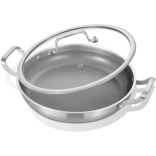 Inqibee 12-Inch Hybrid Tri-Ply Stainless Steel Non Stick Paella Pan with Lid,Stir Fry Pan,Omelet Pan,Large Skillet,Induction Cooking Pan,Dishwasher and Oven Safe.
