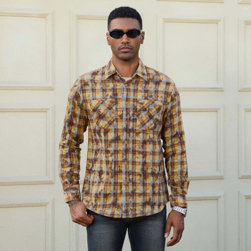 Image of WARHORSEE Flannel Shirt for Men Long Sleeve Button Down Plaid Shirts | Soft Cotton Blend for Multi-season Wear, Lightweight yet Warm, Dual buttoned storage pockets, Machine Washable Easy Care