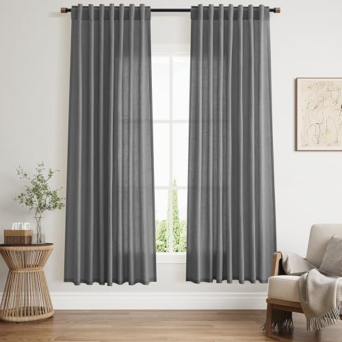 Image of Blazer Grey Linen Curtains 72 Inch Long for Living Room Bedroom Lightweight Door Drapes 2 Panels Set, Semi Sheer Light Filtering Back Tab or Rod Pocket Curtain,52x72