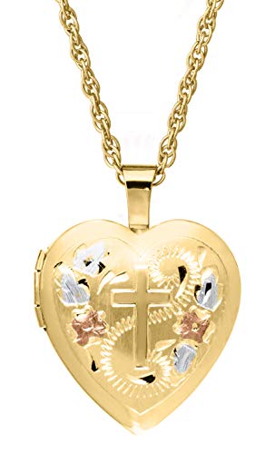 14k Gold-Filled Heart-Shaped Locket with Cross and Flowers, 18