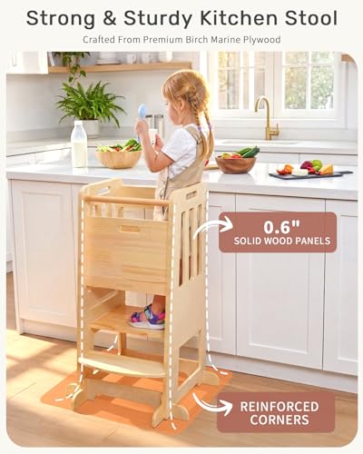 Image of WINGYZ Toddler Tower - Anti-Tip Natural Wood Learning Stool Helper for Kids 18M-6Y, 150lb Capacity Kitchen Stool with 3-Height Adjustable Platform and Sliding Door Access, 20lb Portable Design, Wood