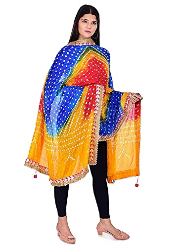 Image of Women's Jaipuri Art Silk Bandhej Rajasthani Bandhani Dupatta with Gota Patti Lace
