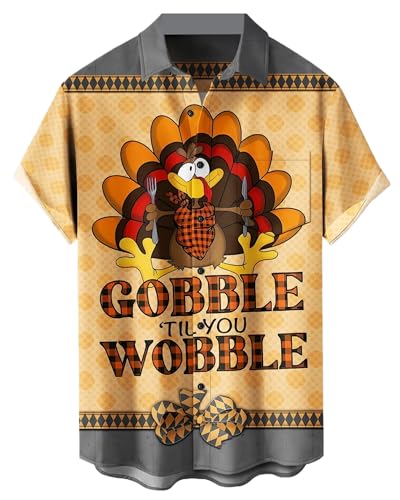 Mens Thanksgiving Shirt Turkey Cartoon Print Hawaiian Short Sleeve Casual