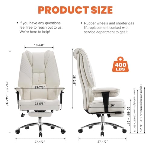 Image of EXCEBET Big and Tall Office Chair 400lbs Wide Seat, Leather High Back Executive Office Chairs with Foot Rest, Ergonomic Lumbar Support for Lower Back Pain Relief (White)