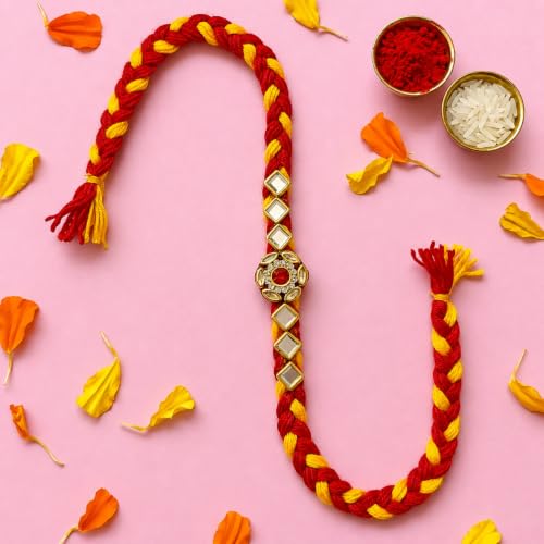 Image of Rakhi set for brother 5pcs with roli chawal | Traditional Handmade rakhdi for bhai | Raksha Bandhan Combo