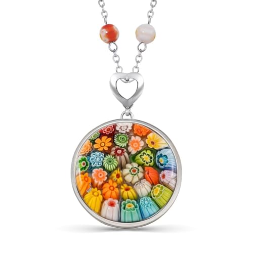 SHOP LC DELIVERING JOY Murano Style Millefiori Glass Necklace - Beaded Necklaces for Women Trendy - Colorful Flower Jewelry Stainless Steel 24