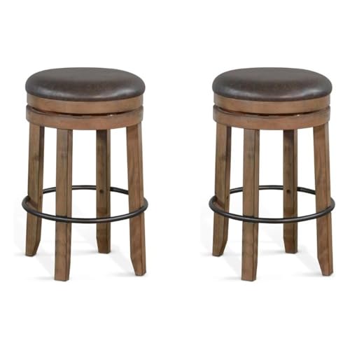 Butaco giratorio sin respaldo de madera Pemberly Row, acabado marrón tostado, juego de 2, asientos de vinilo duraderos, estilo rústico, para cocina o bar, altura de asiento de 30 pulgadas miniatura 1