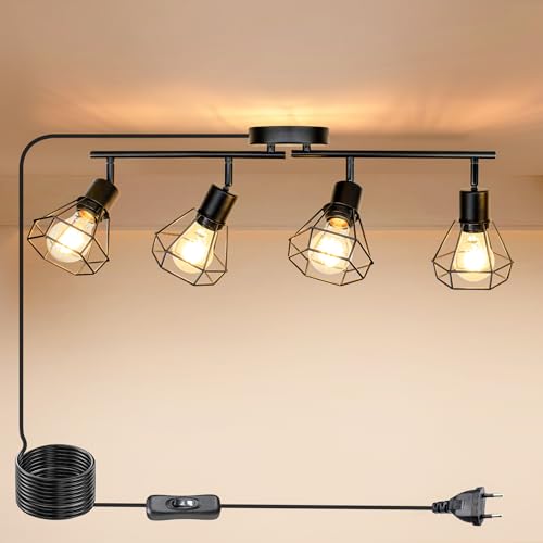 HiBay Deckenstrahler mit Schalter 4 Flammig E27 Wandlampe mit Schalter und Stecker Drehbare 350 Deckenspots mit Kabel 5M Schwarz Max.60W Ohne Leuchtmittel