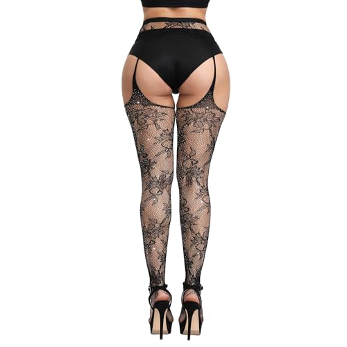1 Pair Flowers Pattern Rhinestones Fishnet Suspenders Stockings Black Tights for Women2