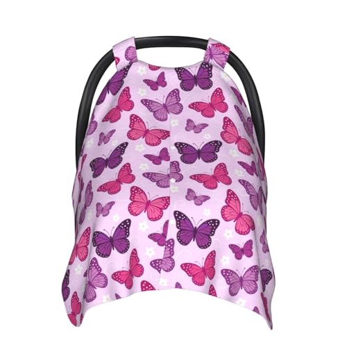 Image of Butterfly Car Seat Canopy Cover for Baby, Nursing Cover for Newborn, Pink Butterfly Baby Girl Stuff Stroller Cover for All Seasons