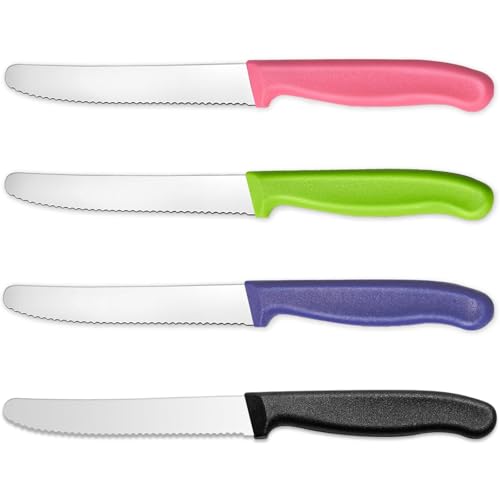 Bangbobi Set de 4 Couteaux en Acier Inoxydable avec Manche en Plastique, Couteau de Table à Lame dentelée, Set de Couteaux tranchants, Petit Couteau à Pain - Noir, Rose, Bleu, Vert