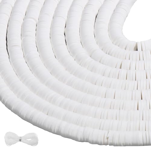 THRELE 3600pcs Clay Beads for Bracelets Making 10 Strands Flat Round Polymer White Clay Beads Spacer Heishi Beads for Jewelry Making Earring Necklace