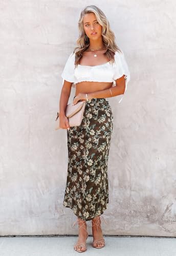 Image of HERBATOMIA Women's Floral Print Midi Skirt Casual High Elastic Waist Zipper Vintage Long Boho Skirts for Women