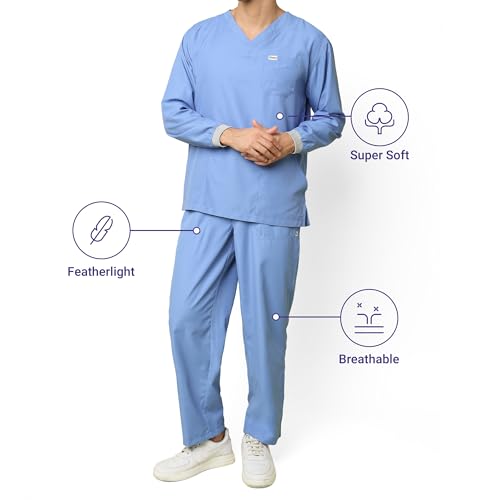 Image of KNYA Active Men's 5-Pocket Longsleeves Scrubs | Set of Top & Bottom | V Neck | Breathable Fabric | Comfortable | Durable | Uniform for Doctors, Nurses and Dentists (S, Ceil Blue)