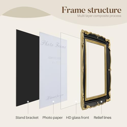 Vintage Picture Frame 5x7 Black and Gold Frame, Ornate Textured Hand-Crafted Resin Photo Frames with Glass Front, Decorative Picture Frame for Wall & Tabletop, Antique Frame Home Decor