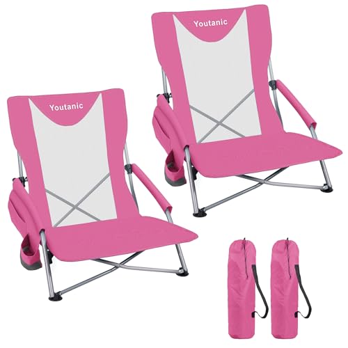 Youtanic Portable Beach Chair 2-Pack 400 lbs Folding Camping Chair Lightweight Low Profile Lawn Chair with Wide Seat Cup Holder & Padded Armrests for Outdoor Travel Sand Pink