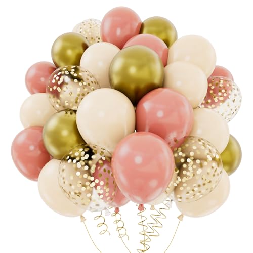 Ballons Anniversaire Rose Or Beige, 60 Pièces 12 Pouces Ballons Rose Rétro Abricot Confetti Dorés, Ballon Rose Or avec Ruban Pour Décorations de Fête Prénatale, Anniversaire Fille, Mariage, Bapteme