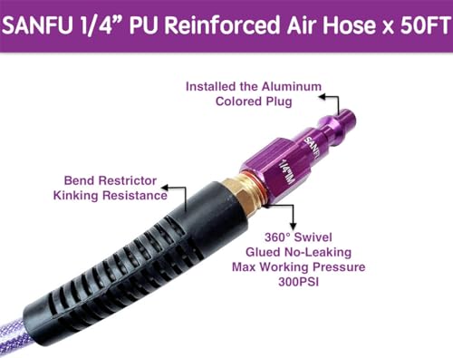 SANFU (PU) Polyurethane Reinforced 1/4”ID(6.3 x 9.8mm) x 50ft, Air Hose, Lightweight, Professional with 1/4-Inch Swivel Solid Aluminum Quick Coupler and Plug, Purple(50’) - Thumbnail 3