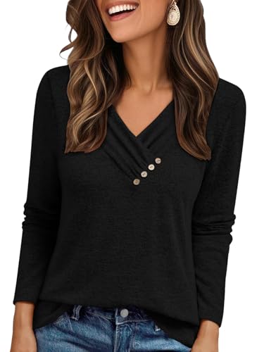 Cuptacc Langarmshirt Damen Mit Knopf Ausgefallene Locker Festliche Tuniken V-Ausschnitt Große Größen Casual Luftig Pullover Damen Schwarz XL