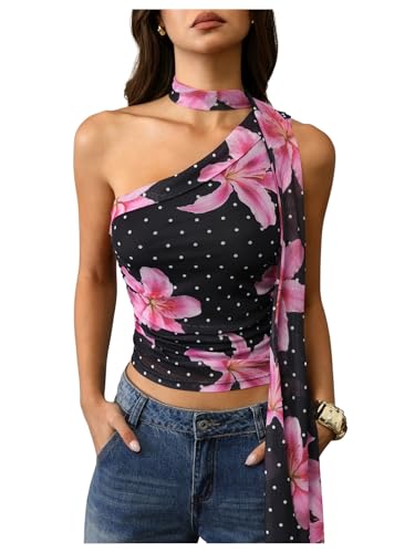 Image of RoseSeek Women's Y2K Leopard Polka Dots Halter Asymmetrical Neck Crop Tops
