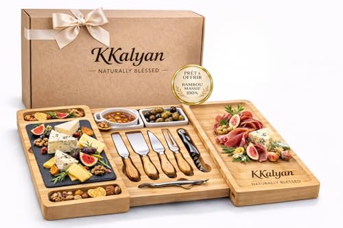 KKALYAN Planche Apero Extensible en Bambou avec Accessoires – Plateau Apéritif Dinatoire 6 à 8 Personnes avec Recettes via QR Code, Idéal pour Fromage et...