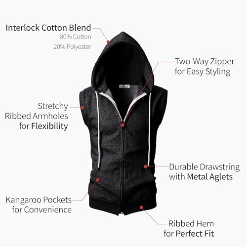 Image of Ohoo Mens Slim Fit Sleeveless Lightweight Zip Up Hooded Sweatshirt Vest Hoodie