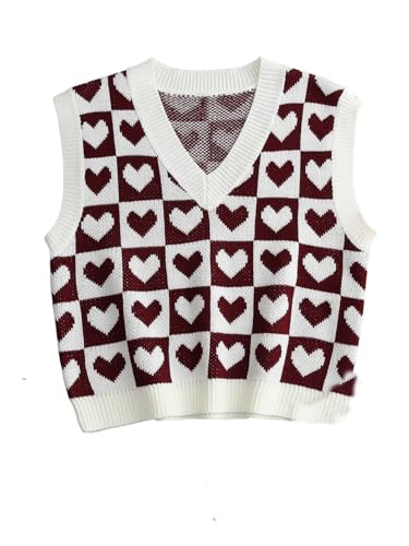 Floerns Women's Cute Heart Print V Neck Sleeveless Sweater Vest