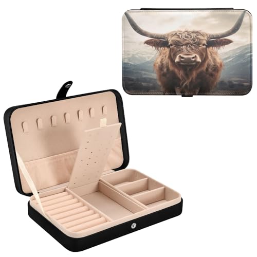 Haskirky Highland Cows Jewelry Box Portable PU Leather Travel Jewelry Organize for Women Jewelry Storage Display Holder for Ring, Necklace, Earring