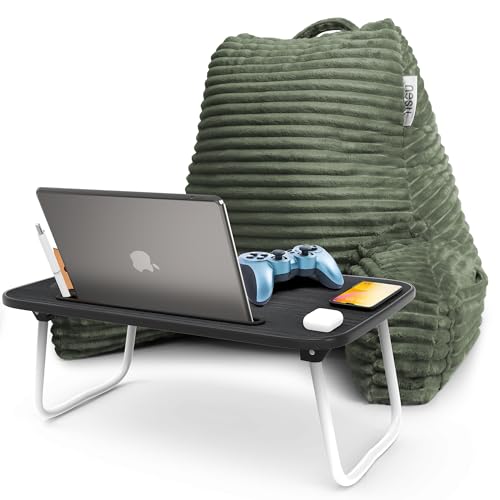 Image of Nestl Olive Green Reading Pillow with Bed Desk for Laptop and Writing, Luxe Cut Plush Back Pillow for Sitting Up, Back and Arms Adjustable Support for Adult and Teens, Foldable Lap Desk for Bed 22x14 inch