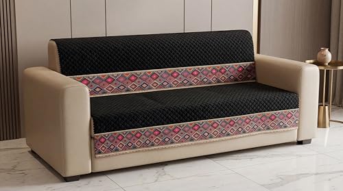 Image of KINGLY Sofa Cover 4 Seater Fully Covered | Stretchable Anti-Slip Slipcover | Washable Furniture Protector | Black Multicolor | Set of 2 | Seat & Back |