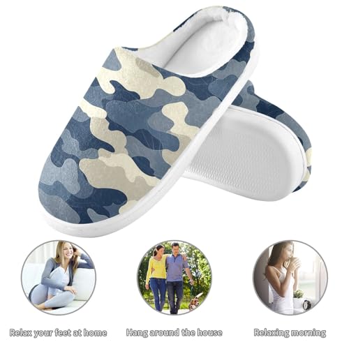 Camouflage Blue Beige Mens Cotton Slipper Soft Memory Foam Home Slippers for Travel Christmas Presents 6-73