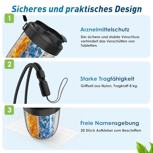 Tablettenbox 7 Tage Morgens Mittags Abends | Rund mit 7 Großen Fächern & Anti-Verwechslungs-Design | Breite Öffnung, BPA-frei & Tragbar | Für Medikamente, Vitamine, Fischöl usw (Schwarz)