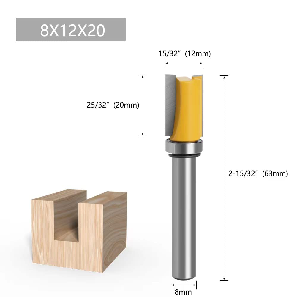 3Pcs Frese per Legno Gambo 8mm, Fresa a Taglienti Diritti per Rifilare con Cuscinetto, Fresa per Rifilare per Scanalature Frese per Legno, Trimm Carving Tool
