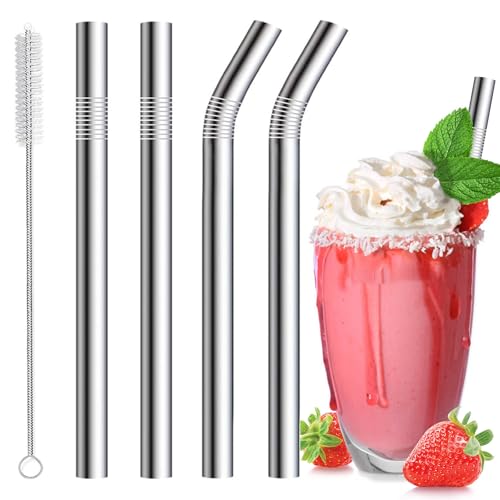 Set of 4 Stainless Steel Wide Straws - Extra Long 10mm Metal Straws with Cleaning Brush for Smoothies and Juices