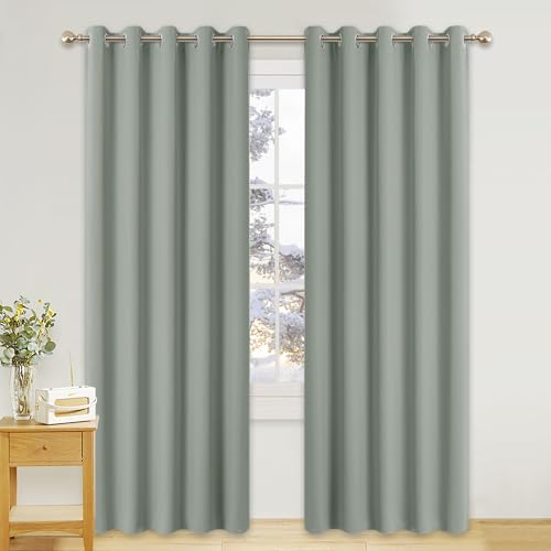 PONY DANCE Sage Green Curtains for Living Room 2 Pieces 90 Inch Drop - Blackout Curtains Eyelet Large Door Thermal Insulated Panels for Bedroom Office Sliding Glass Door, 66 x 90 Inches