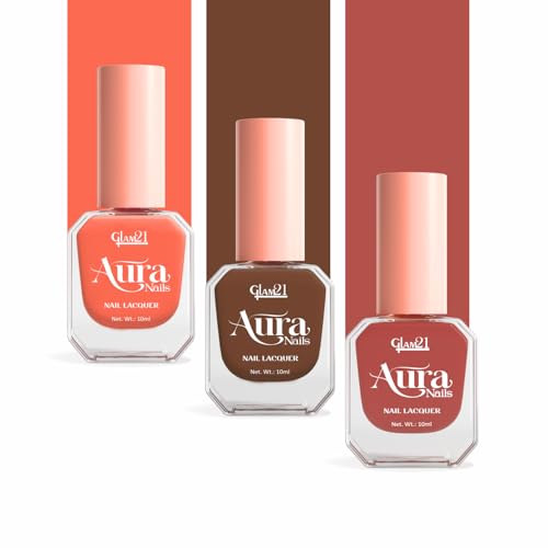 Image of Glam21 Aura Nails Nail Lacquer |Long-Lasting, Quick-Dry, High-Shine Nail Enamel|Chip-Free Formula|Smooth Application & Vibrant Finish| 10ml Pack Of 3 (Caramel Calm, Mocha Mood &Almond Frost)