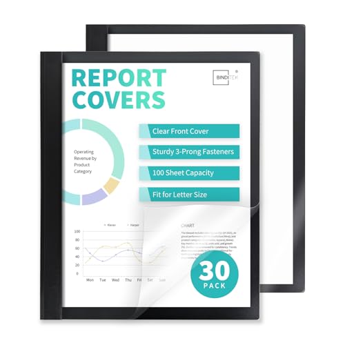 Image of Heavy-Duty Report Covers with 3 Prongs, 100-Sheet Capacity, Black, 30 Pack | Plastic Report Folders with Back Covers, 3-Prong Metal Fasteners, 8.5 x 11 Inch Letter Size, for Professional Presentations