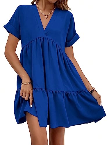 Image of WDIRARA Women's Roll Up Short Sleeve V Neck Ruffle Hem Solid Swing Smock Dress