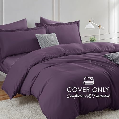 Image of Hearth & Harbor Purple Duvet Cover with Fitted Sheet Twin Size | 3 Piece Soft Double Brushed Bedding Set, Button Closure, 1 Duvet Cover 68x90 Inches, 1 Fitted Sheet, 1 Pillow Sham