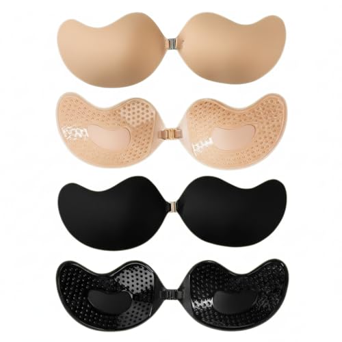 Invisible Sticky Bra for Women 2 Pairs Strapless Adhesive Push Up Bra Reusable for Backless Dress Wedding Evening Dress (UAE/KSA Cup Band One Size A Regular Regular Style A (Black & Skin))